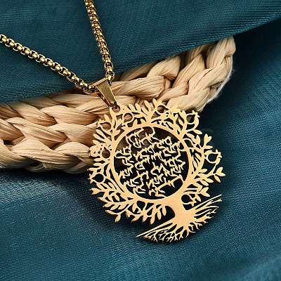201 Stainless Steel Hollow Tree of Life Pendant Box Chain Necklaces NJEW-M086-04G-1