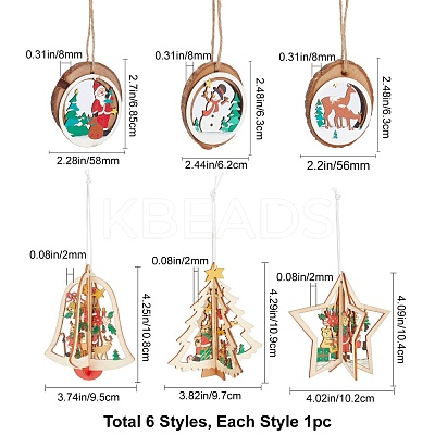6Pcs 6 Styles Wooden Christmas Ornaments WOOD-GF0001-51-1