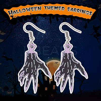 3 Pairs 3 Style Skeleton Hand & Bat & Bottle Acrylic Dangle Earrings for Halloween EJEW-AN0002-93-1