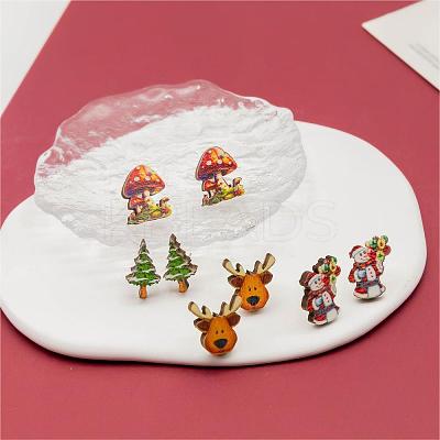 4 Pairs Snowman & Christmas Tree & Deer & Mushroom Printed Wood Stud Earrings EJEW-OY001-07-1