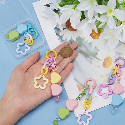 4Pcs 4 Colors Plastic Colorful Matte Heart Pendant Keychain with Flower Chains Mobile Accessories Decoration HJEW-WR0001-07-1
