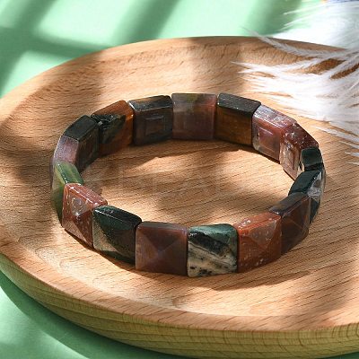 Square Natural Indian Agate Beads Stretch Bracelets for Women Men BJEW-C097-06N-1