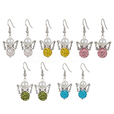 5 Pairs 5 Color Polymer Clay Rhinestone & Glass Pearl Beaded Dangle Earrings EJEW-JE05444-S-1
