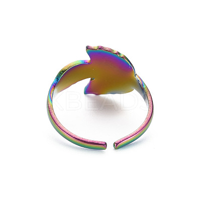 Rainbow Color 304 Stainless Steel Leaf Cuff Ring RJEW-N038-041M-1