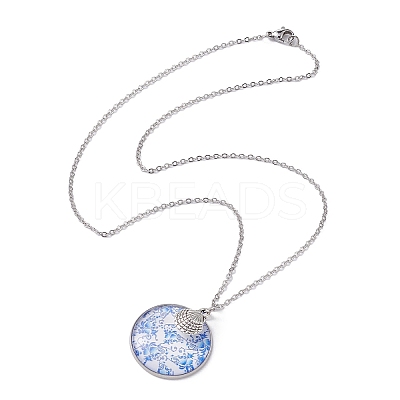Steel Blue Glass Flat Round & Alloy Pendant Necklace NJEW-JN04453-01-1