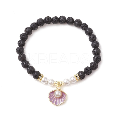 Natural Lava Rock Round Beads with Brass Rhinestone Spacer Beads and Shell Pearl Bead and Electroplate Non-magnetic Synthetic Hematite Beads and Alloy Pendants Bracelets BJEW-JB11511-1