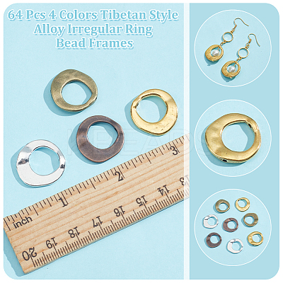 64Pcs 4 Colors Tibetan Style Alloy Irregular Ring Bead Frames FIND-NB0004-71-1