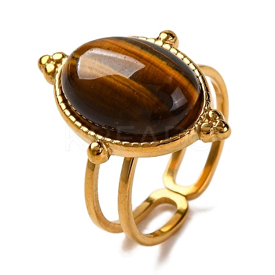 Oval Natural Tiger Eye Finger Rings RJEW-Q822-09G-1