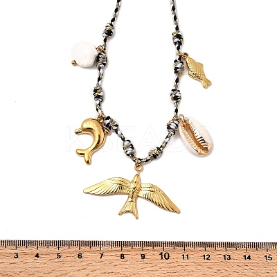 Summer Beach 304 Stainless Steel & Electroplated Natural Shell Pendant Adjustable Polyester Cord Necklaces for Women NJEW-F348-01A-G-1