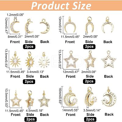 12Pcs 6 Style Brass Cubic Zirconia Charms ZIRC-FH0001-36-1