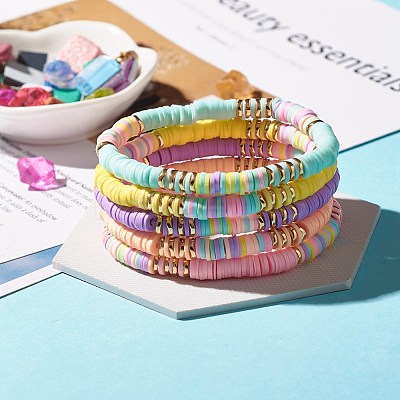 Synthetic Hematite & Polymer Clay Heishi Beads Stretch Bracelets Set BJEW-JB07381-1