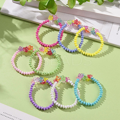 8Pcs 8 Color Opaque Acrylic Faceted Rondelle & Flower Beaded Stretch Bracelets BJEW-JB09100-1