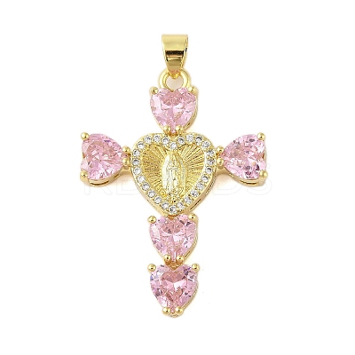 Rack Plating Brass Micro Pave Cubic Zirconia Heart Shape Virgin Mary Cross Pendant KK-S380-44C-G-1