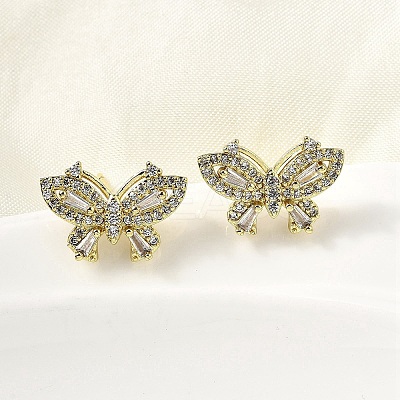 Brass Clear Cubic Zirconia Butterfly Stud Earrings EJEW-L261-029A-G-1