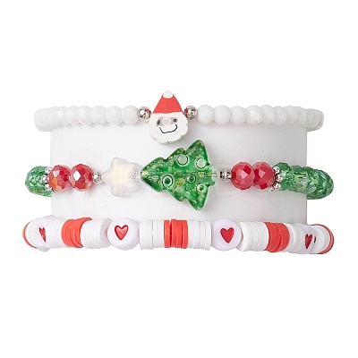 3Pcs 3 Styles Polymer Clay & Glass Beaded Stretch Bracelet Sets BJEW-JB10676-1