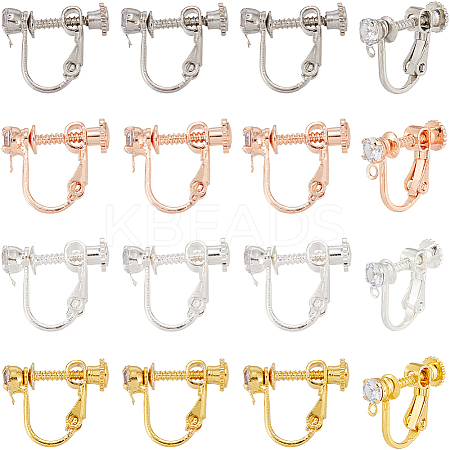 32Pcs 4 Colors Brass Micro Pave Cubic Zirconia Screw Clip-on Earring Findings KK-SC0005-55-1