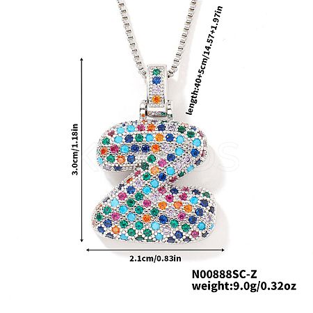 Brass Pave Colorful Cubic Zirconia Letter Pendant Box Chain Necklaces NU0575-47-1