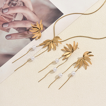 Stainless Steel & Plastic Imitation Pearl Flower Tassels Earrings & Necklaces & Rings Sets for Women DQ9834-2-1