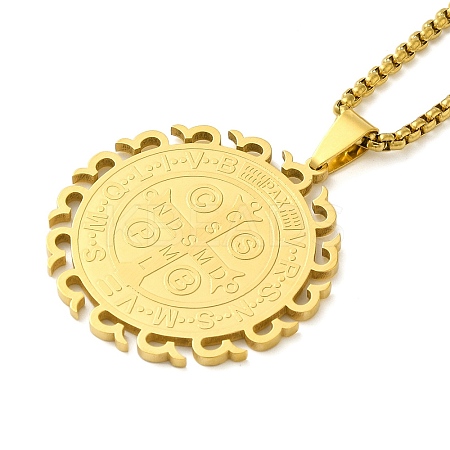 201 Stainless Steel Box Chain Saint Benedict Medal Pendant Necklaces for Women LS-NJEW-M008-01G-1