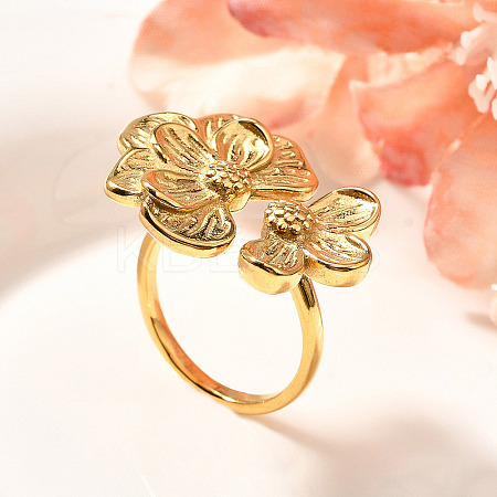Flower 201 Stainless Steel Open Cuff Ring for Women RJEW-A053-02I-G-1