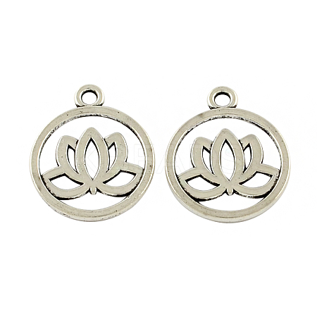 Tibetan Style Flat Round with Lotus Alloy Pendants TIBEP-Q043-300-RS-1