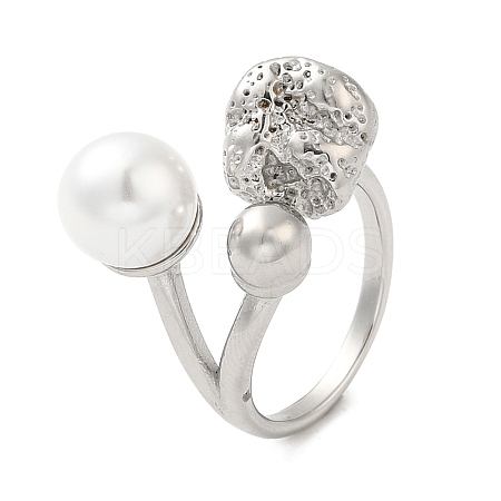 304 Stainless Steel Round Ball Open Cuff Ring with ABS Plastic Imitation Pearl RJEW-G297-02P-1