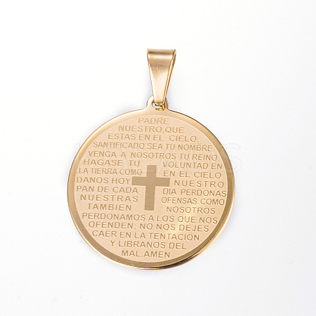 Ion Plating(IP) 304 Stainless Steel Flat Round with Word Lord's Prayer Cross Pendants X-STAS-P085-25-1