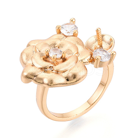 Flower Brass Micro Pave Clear Cubic Zirconia Cuff Ring Settings KK-T076-71G-1