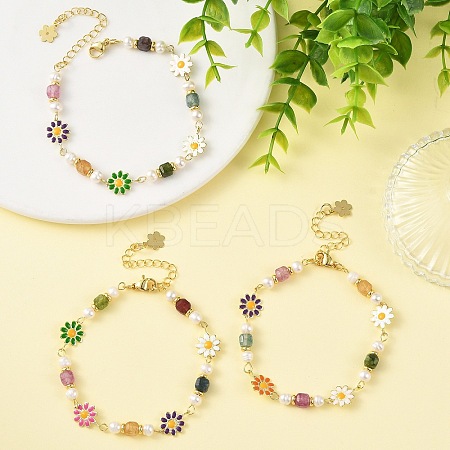 Brass Enamel Flower Link Chain Bracelets for Women BJEW-JB14164-1