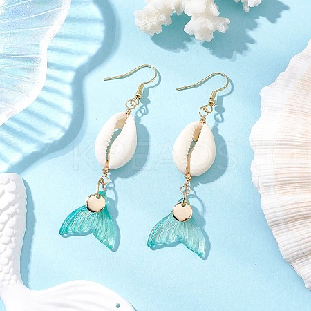 Natural Cowrie Shell Glass Dangle Earrings EJEW-JE06385-02-1