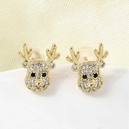Deer Brass Micro Pave Clear Cubic Zirconia Stud Earrings EJEW-A146-03G-1