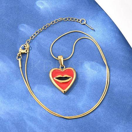 304 Stainless Steel Enamel Red Heart with Lip Pendant Necklaces NJEW-H088-03G-1