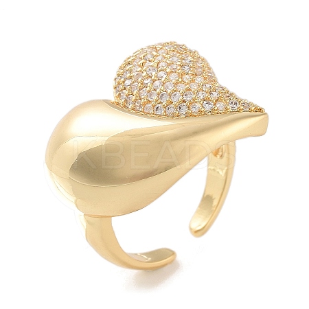 Brass Micro Pave Clear Cubic Zirconia Heart Open Cuff Ring for Women RJEW-C102-11G-1