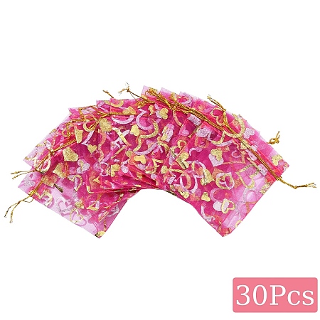 30Pcs Heart Printed Organza Drawstring Bags OP-YW0001-02A-1