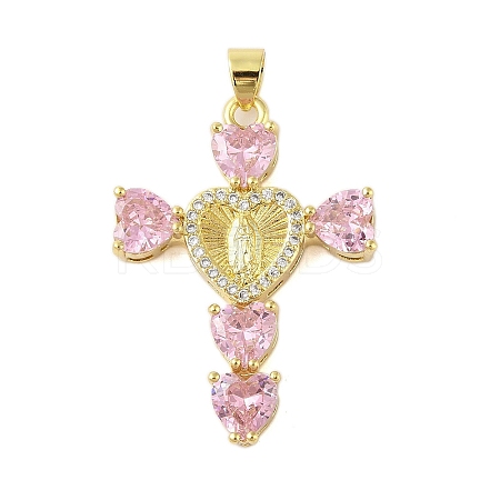 Rack Plating Brass Micro Pave Cubic Zirconia Heart Shape Virgin Mary Cross Pendant KK-S380-44C-G-1