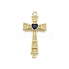 Brass Micro Pave Clear & Blue Cubic Zirconia Religion Heart Cross Connector Charms KK-Z100-22G-02-1