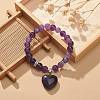 Natural Amethyst Round Beaded Stretch Bracelet with Heart Charm BJEW-JB09019-02-2