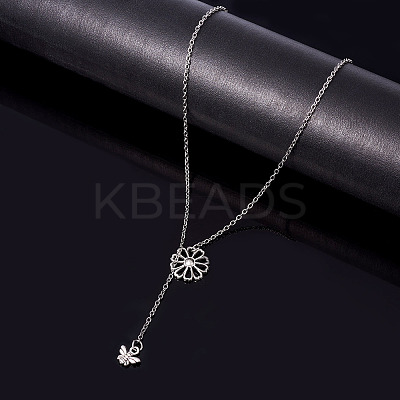 Adjustable 304 Stainless Steel Cable Chain Necklaces Flower & Bees Alloy Charm Lariat Necklaces for Women NJEW-TAC0017-01-1