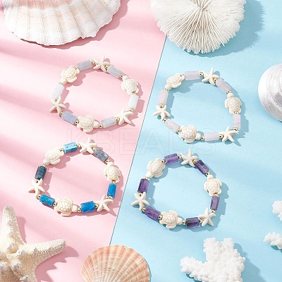 4Pcs Synthetic Turquoise & Natural Apatite & Amethyst & Aquamarine & Rose Quartz Beads Stretch Bracelets for Women BJEW-JB11995-1