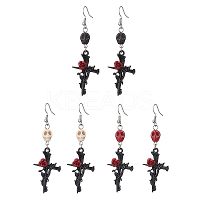 3 Pairs 3 Colors Hallowmas Alloy Dyed Synthetic Turquoise Dangle Earrings EJEW-JE06483-1