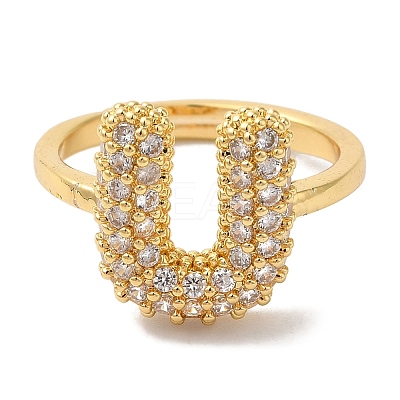 Rack Plating Letter Brass Micro Pave Clear Cubic Zirconia Adjustable Rings for Women KK-S391-03G-U-1