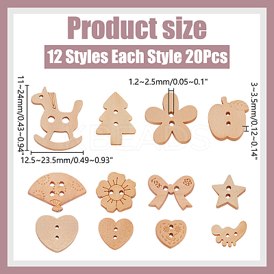 240Pcs 12 Styles 2-Hole Wood Buttons BUTT-WR0001-27-1