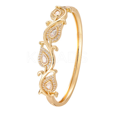Brass Pave Clear Cubic Zirconia Drop Leaf Cuff Hinged Bangles for Women WG4E307-01-1