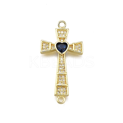 Brass Micro Pave Clear & Blue Cubic Zirconia Religion Heart Cross Connector Charms KK-Z100-22G-02-1