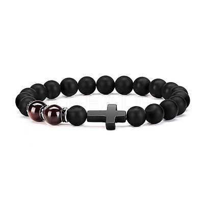 Cross Natural Obsidian & Dyed Tiger Eye Stretch Bracelet HU1552-3-1
