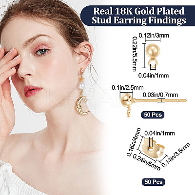 50Pcs Brass Half Round Stud Earring Findings KK-BBC0007-15-1