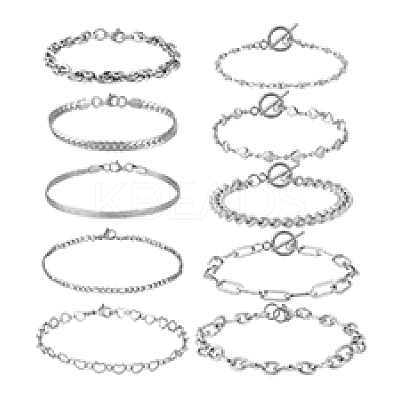 10Pcs 10 Styles Stainless Steel Chain Bracelets Kits BJEW-PH0004-48-1