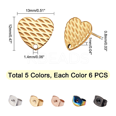 30Pcs 5 Colors Ion Plating(IP) Heart Shape 304 Stainless Steel Stud Earring Findings EJEW-UN0001-68-1