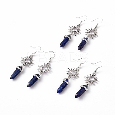 Natural Lapis Lazuli Bullet with Sun Dangle Earrings EJEW-I276-01P-14-1