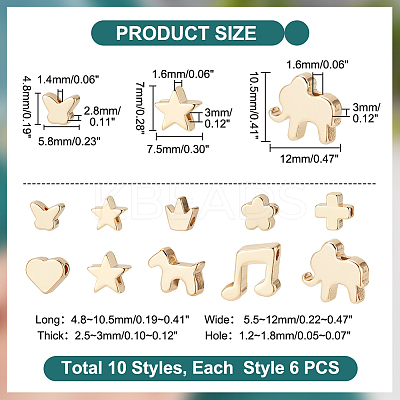 60Pcs 10 Style Brass Beads KK-PH0037-04-1